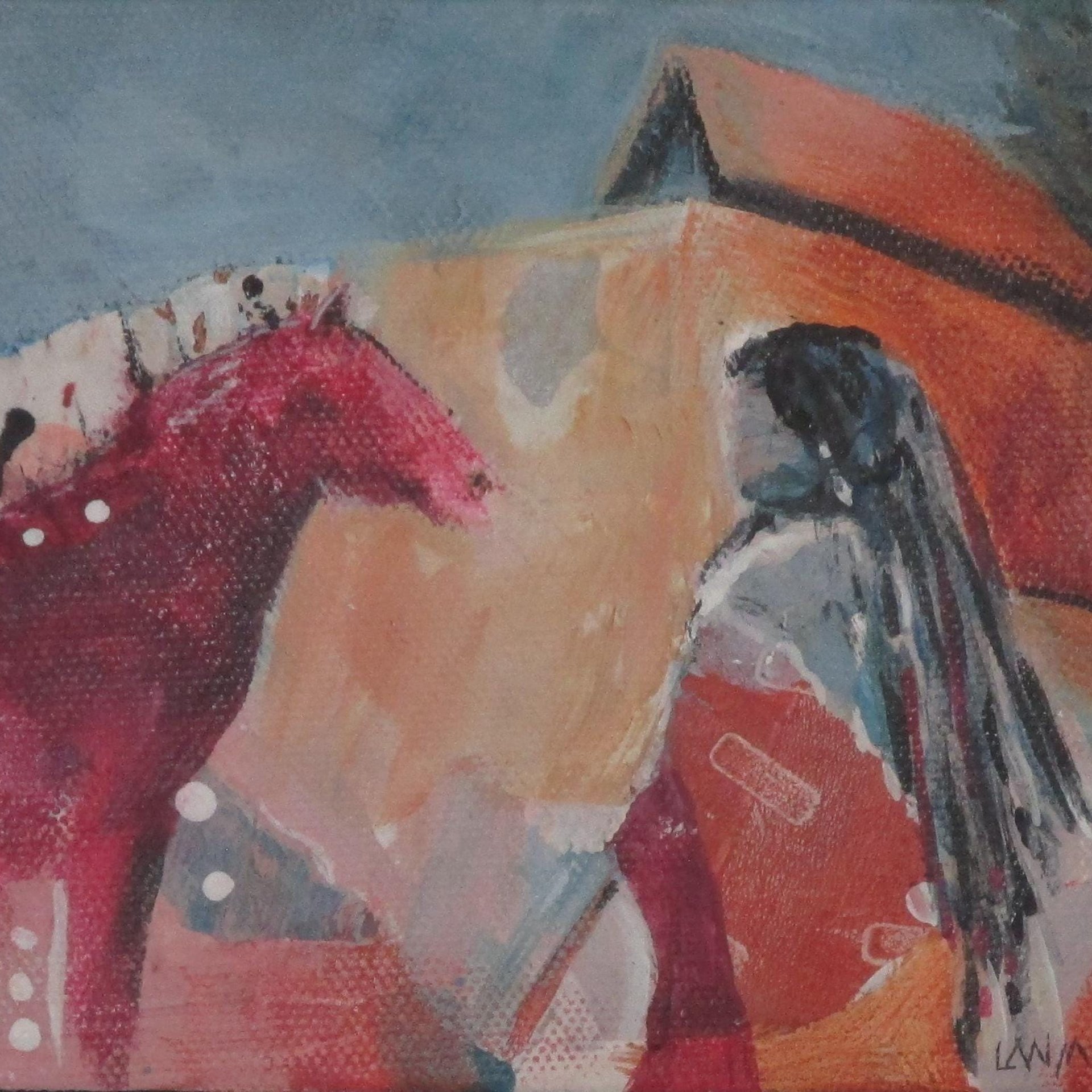 Red Horse Pueblo original mixed media southwestern painting