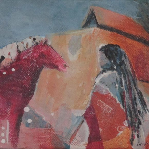 Red Horse Pueblo original mixed media southwestern painting